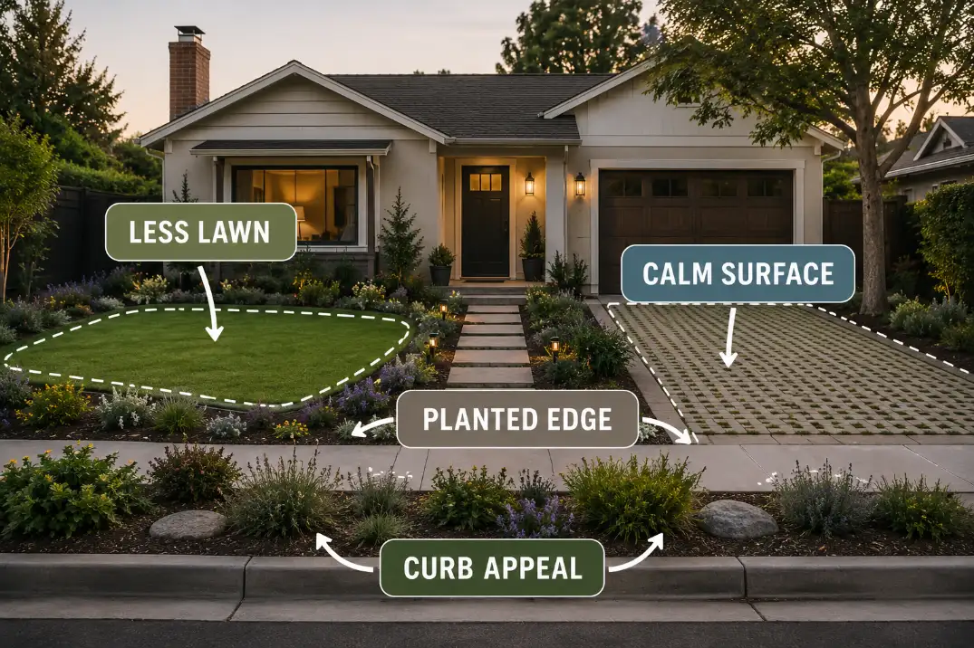 Low-water front yard overlay showing reduced lawn, calm permeable surface, planted edges, and curb appeal.