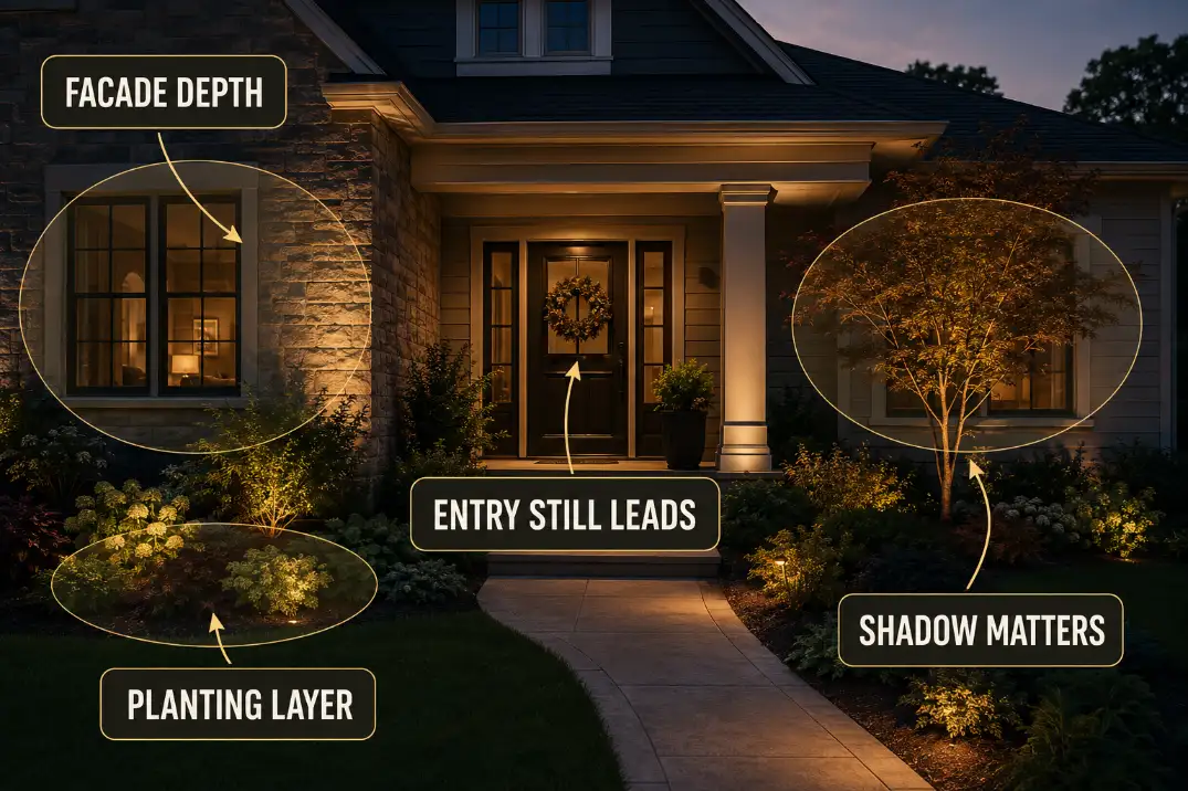 Facade and planting accent lighting showing depth, planting layers, and a front entry that remains the main focal point.