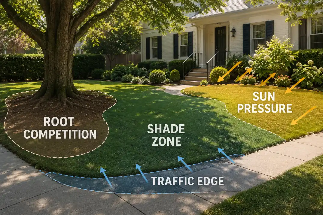 Front yard condition routing map showing sun pressure, shade, root competition, and sidewalk traffic zones.