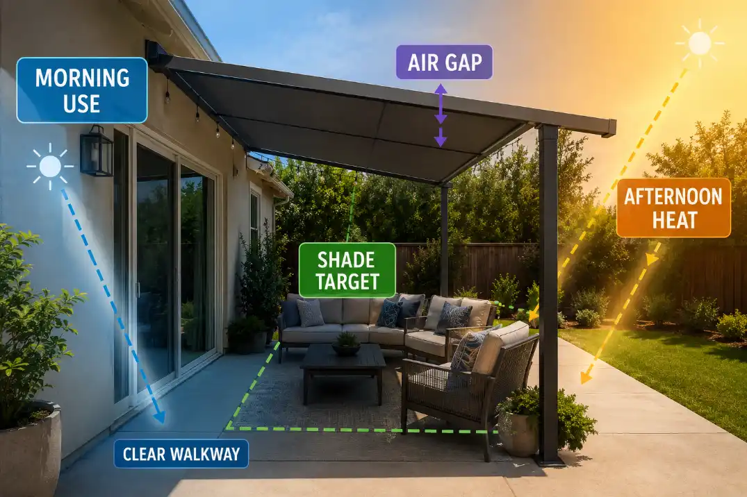 Patio shade timing overlay showing morning use, afternoon heat, shade target, clear walkway, and airflow.