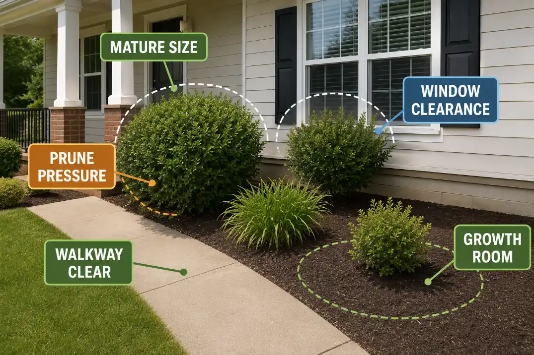 Front yard planting overlay showing mature shrub size, pruning pressure, window clearance, and walkway space.