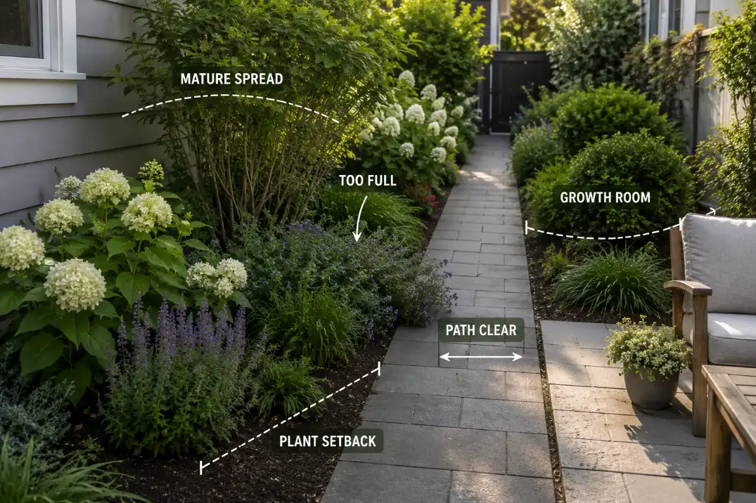 Small garden planting density overlay showing mature spread, growth room, plant setback, and a clear path.