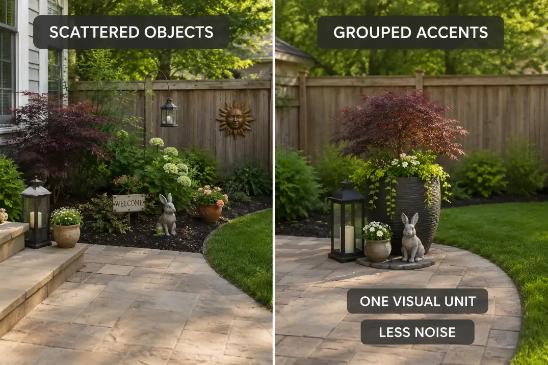 Split garden decor comparison showing scattered small objects versus grouped accents that read as one visual unit.