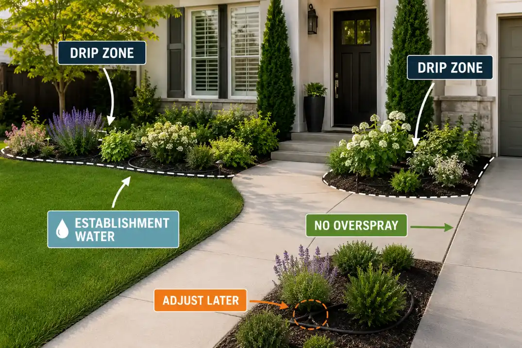 Front yard drip irrigation overlay showing establishment watering, grouped zones, no overspray, and later adjustment.