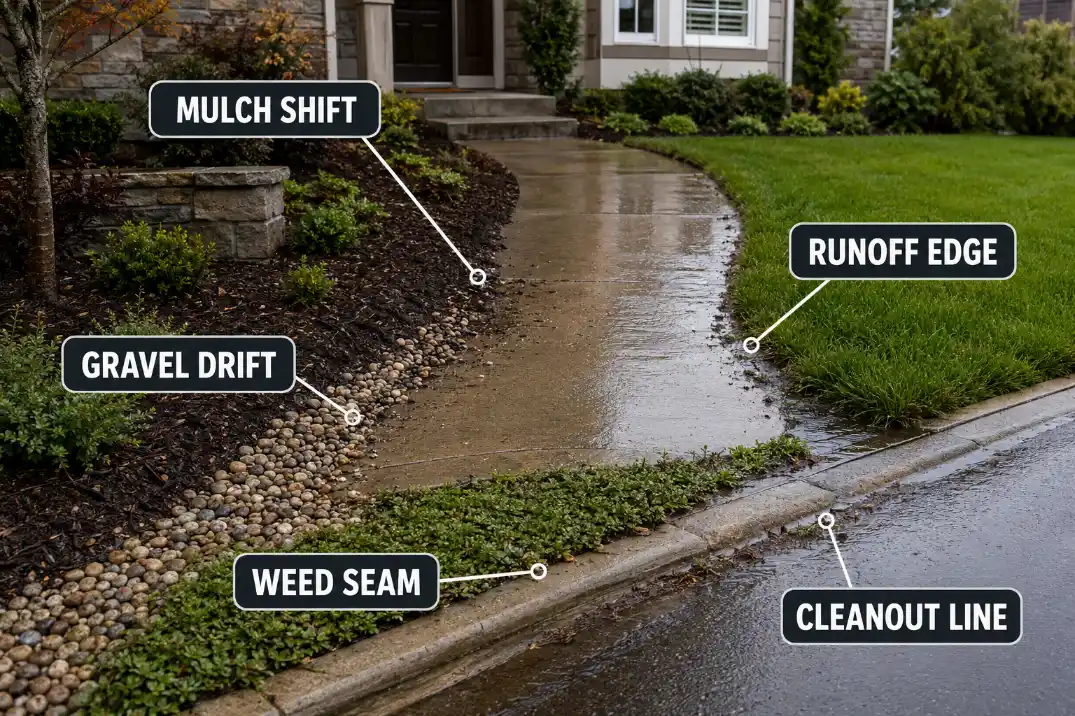 Front yard ground layer overlay showing mulch shift, gravel drift, weed seams, runoff edge, and cleanout line.