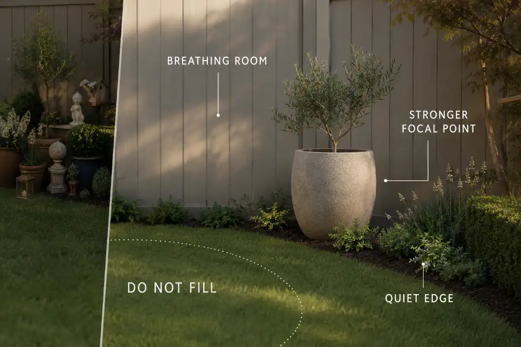 Edited garden corner showing negative space around one strong decor piece for a clearer focal point.