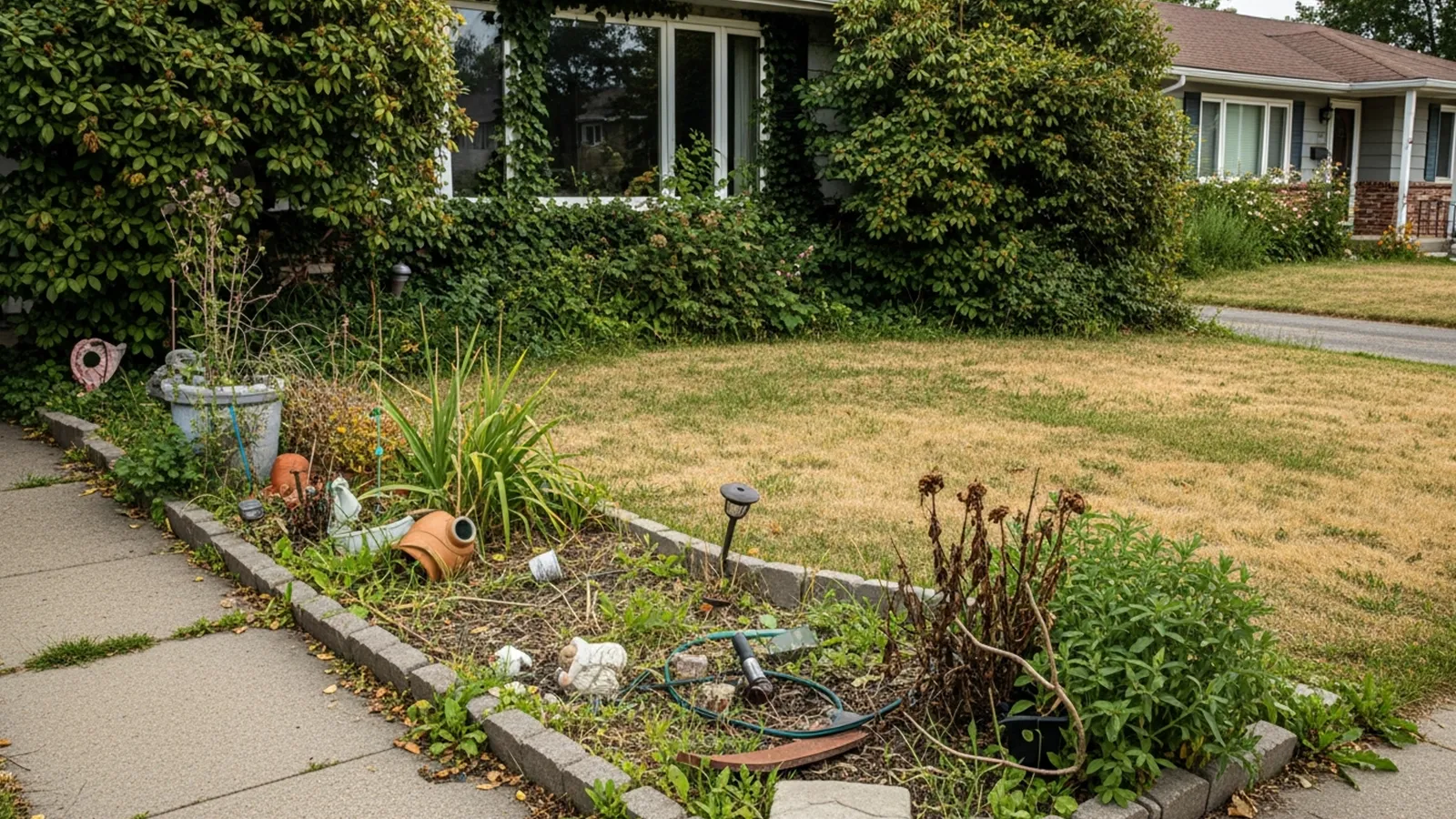 A suburban home with overgrown shrubs, patchy grass, and cluttered landscaping that diminishes curb appeal.