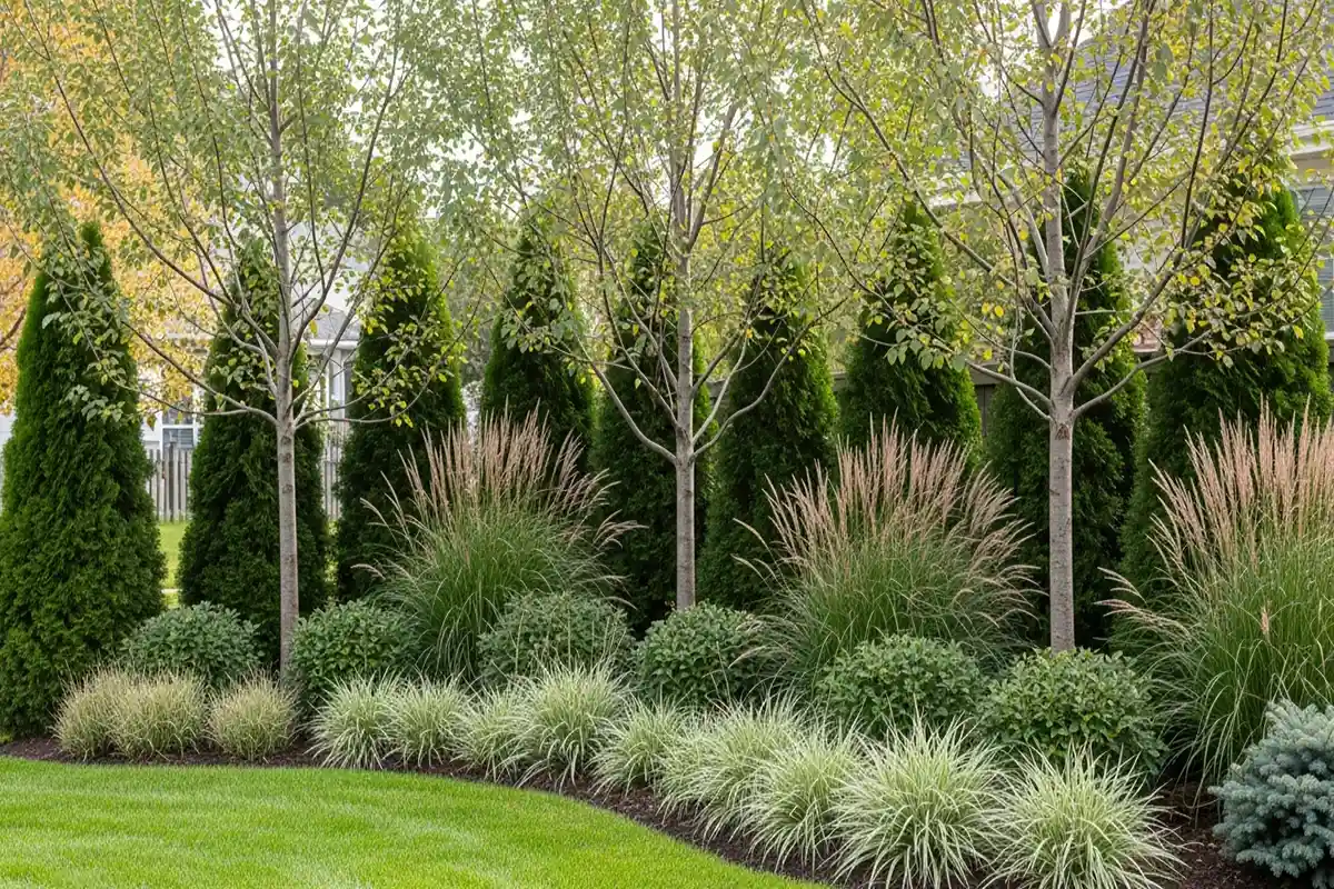 A suburban front yard designed with layered shrubs, ornamental grasses, and small trees forming a natural privacy buffer.
