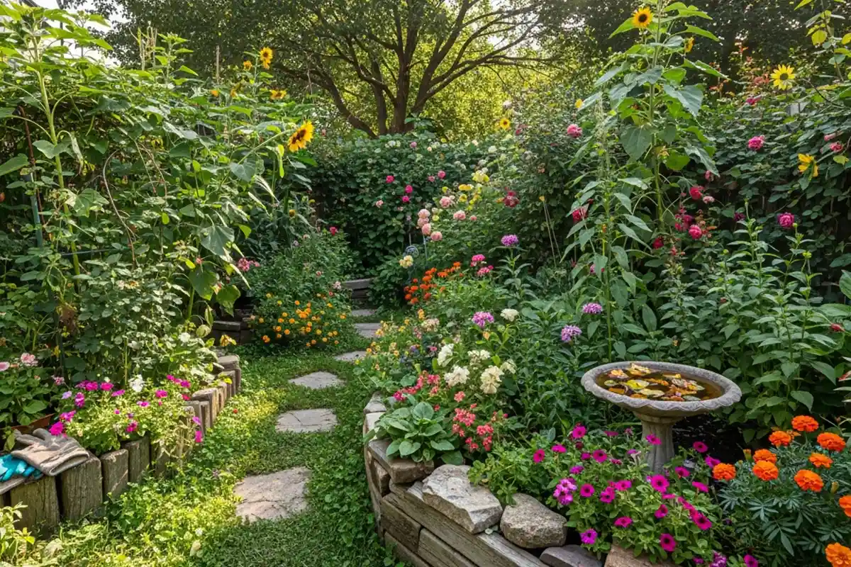 A small backyard garden overcrowded with mixed plants and overgrowth that increases maintenance demands.