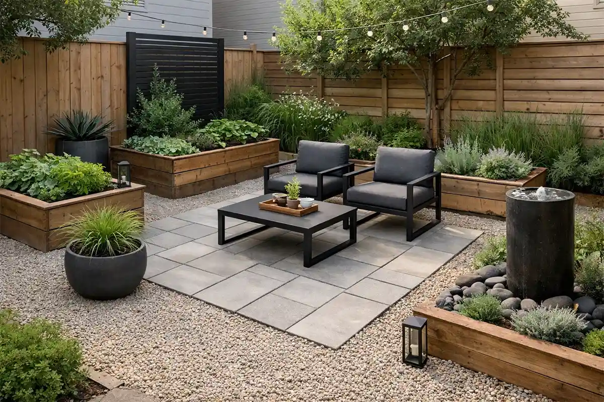 A small urban backyard landscaped without grass featuring gravel paths, raised beds, and compact seating areas.