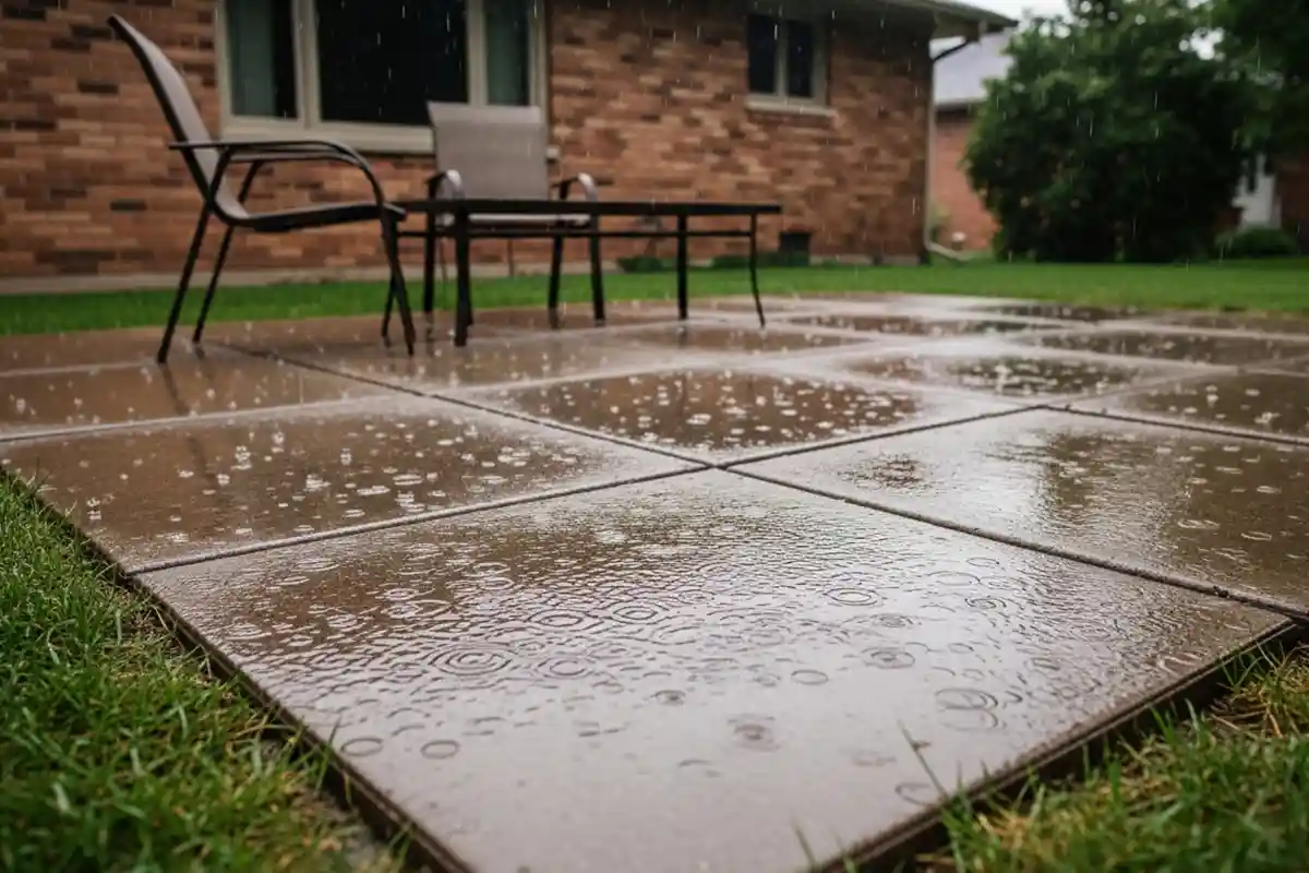 Water pooling on a residential concrete patio near a house foundation after heavy rain.
