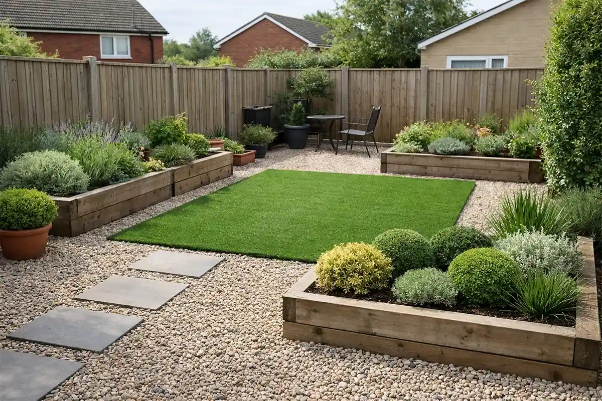 A compact backyard garden designed to look low maintenance with gravel, raised beds, and structured plantings.