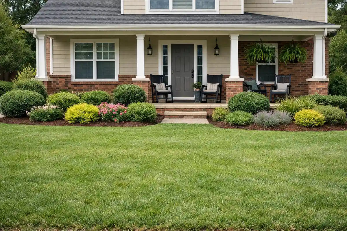 A suburban front yard without a fence sits fully exposed to the street with minimal shrub coverage.
