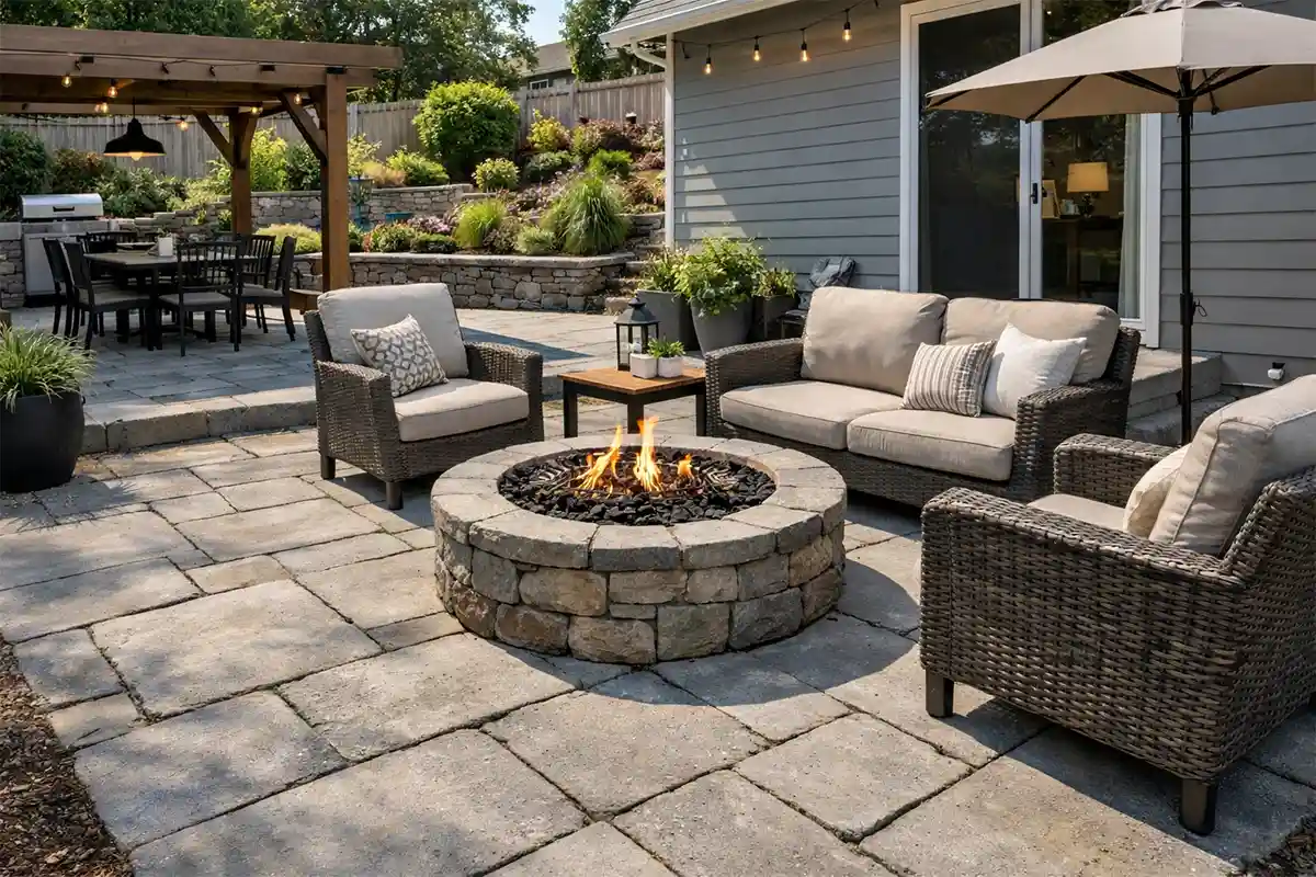 A backyard patio built on sloped ground showing uneven pavers and slight shifting near the edge.
