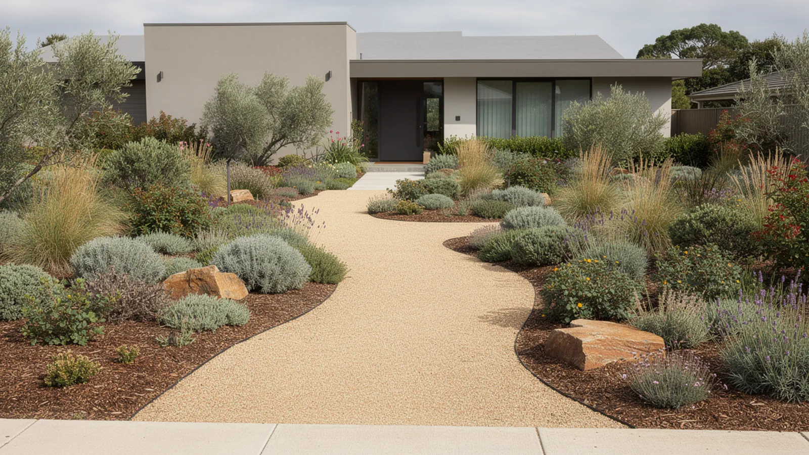 A carefully composed front yard garden without lawn that uses layered planting, permeable surfaces, and clear spatial structure.