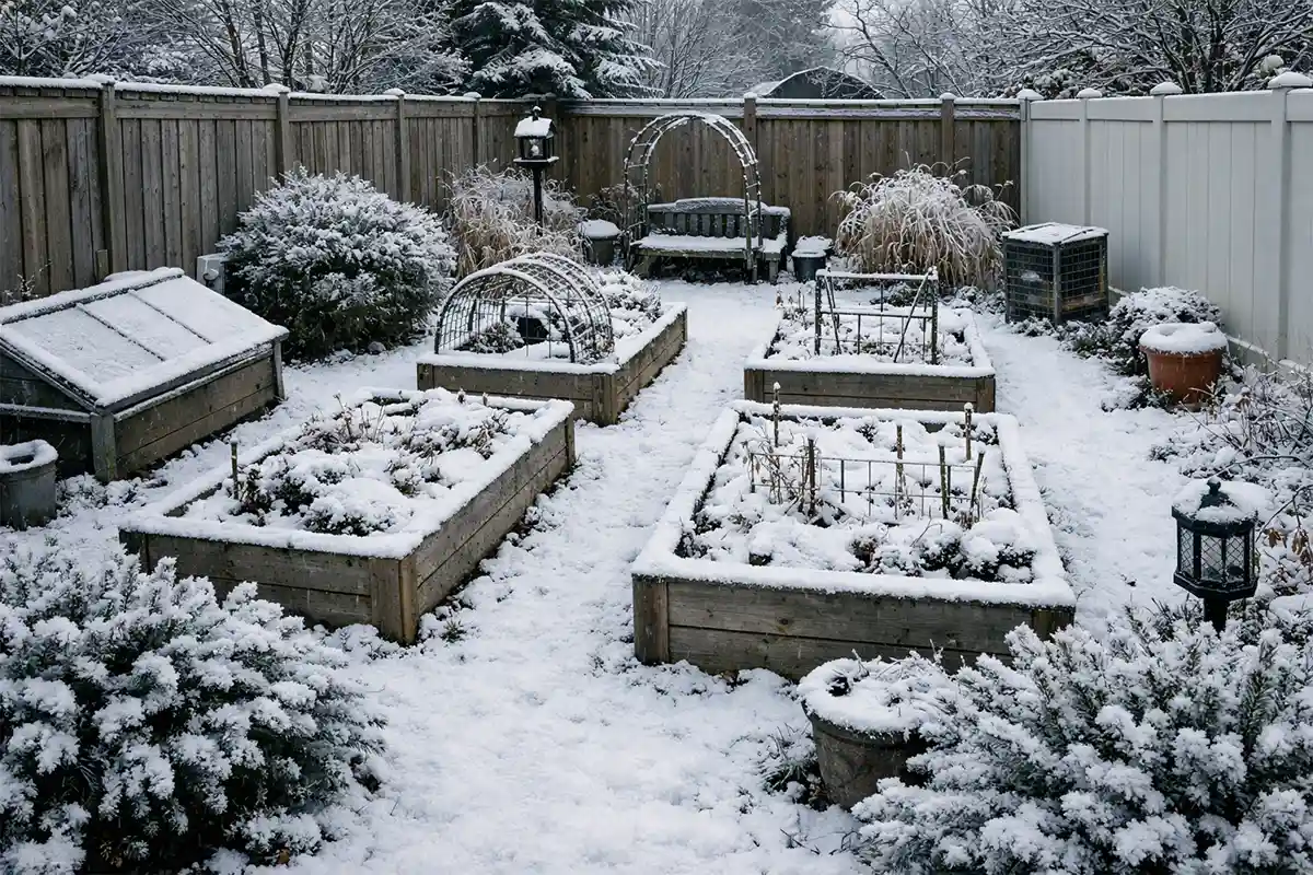 Small backyard garden in winter with snow-covered raised beds and frost on evergreen shrubs.