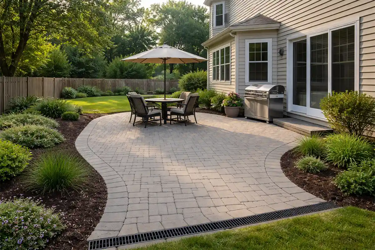 Backyard patio with proper slope and clean drainage layout in a suburban U.S. home.