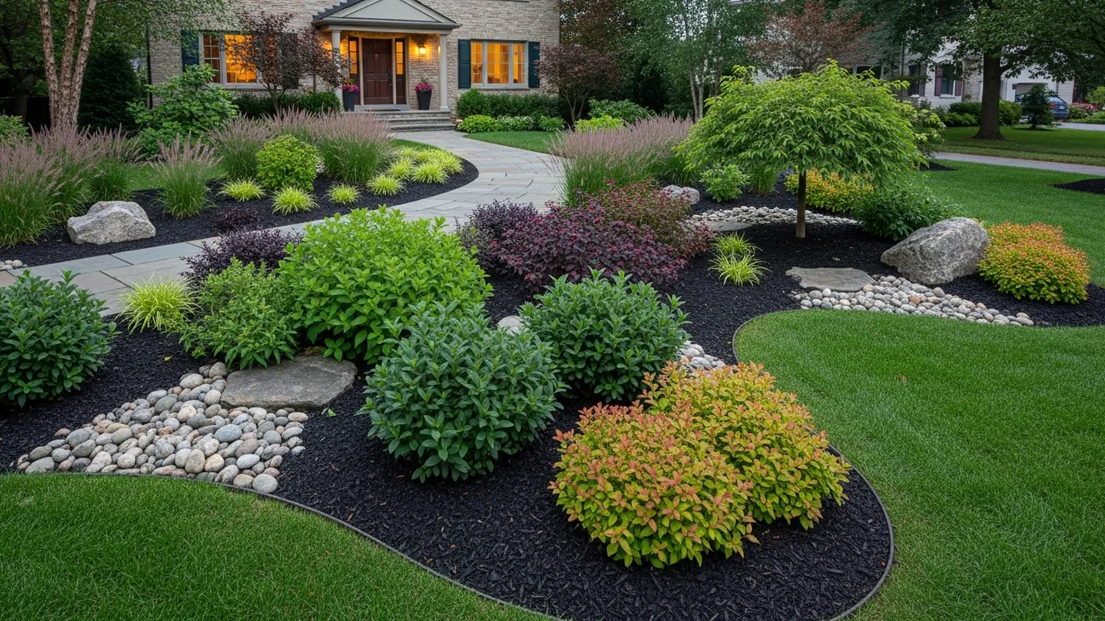 A front yard designed with native plants that feels orderly, welcoming, and visually balanced from the street.