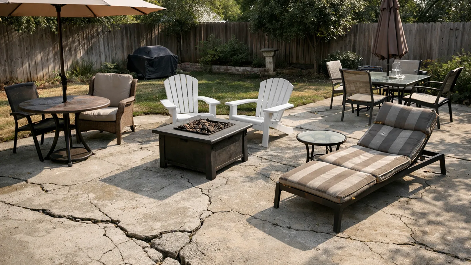 A residential backyard patio showing visible wear, poor layout, and long-term design issues affecting usability.