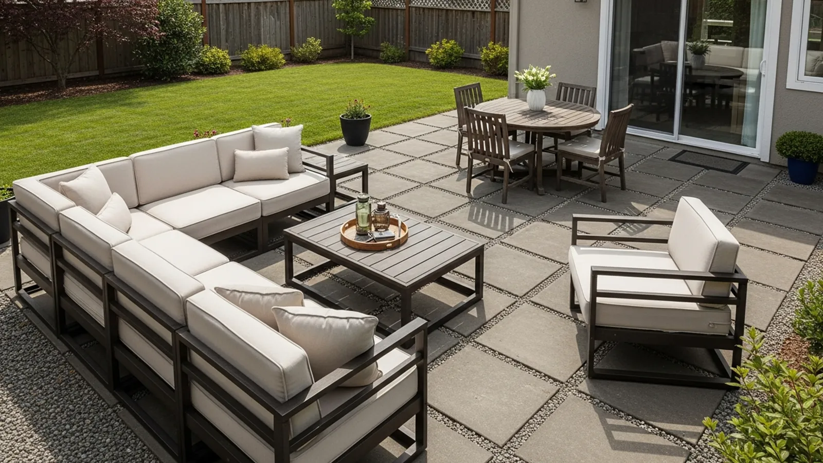 A residential patio with awkward furniture placement and blocked walkways that make the space feel cramped and difficult to use.