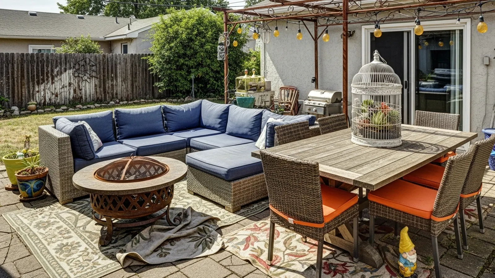 A small backyard patio crowded with oversized furniture and clutter that limits usable walking space.