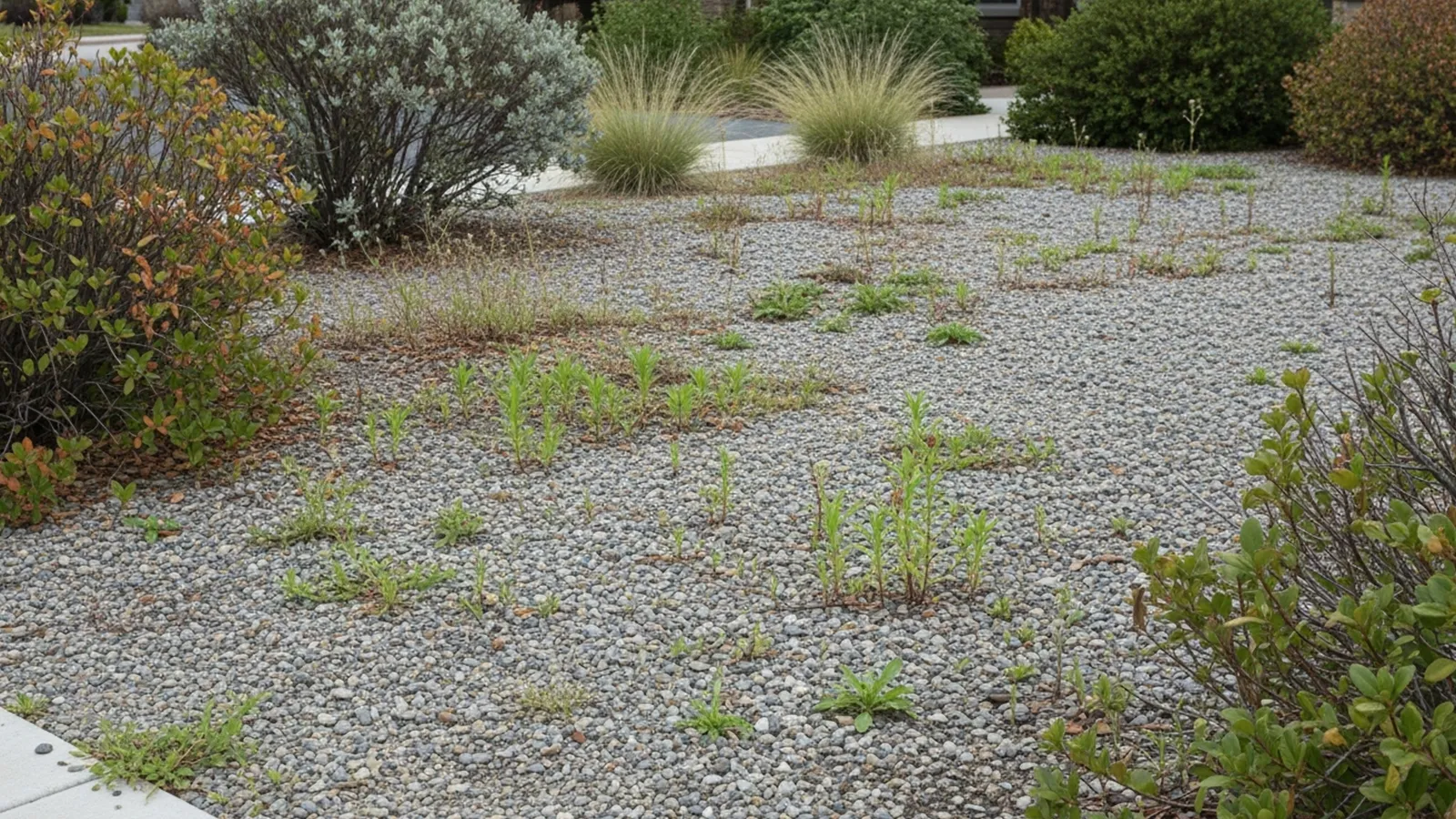 A suburban front yard designed as low maintenance with gravel and sparse planting that now shows visible weeds and uneven surfaces.