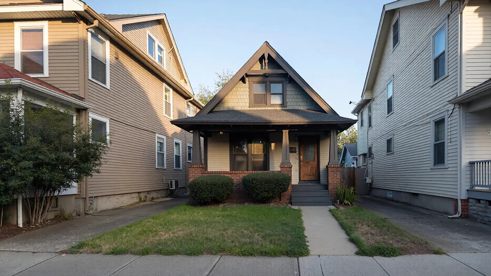 A narrow suburban front yard with limited setback space and a tight walkway leading to the front door.