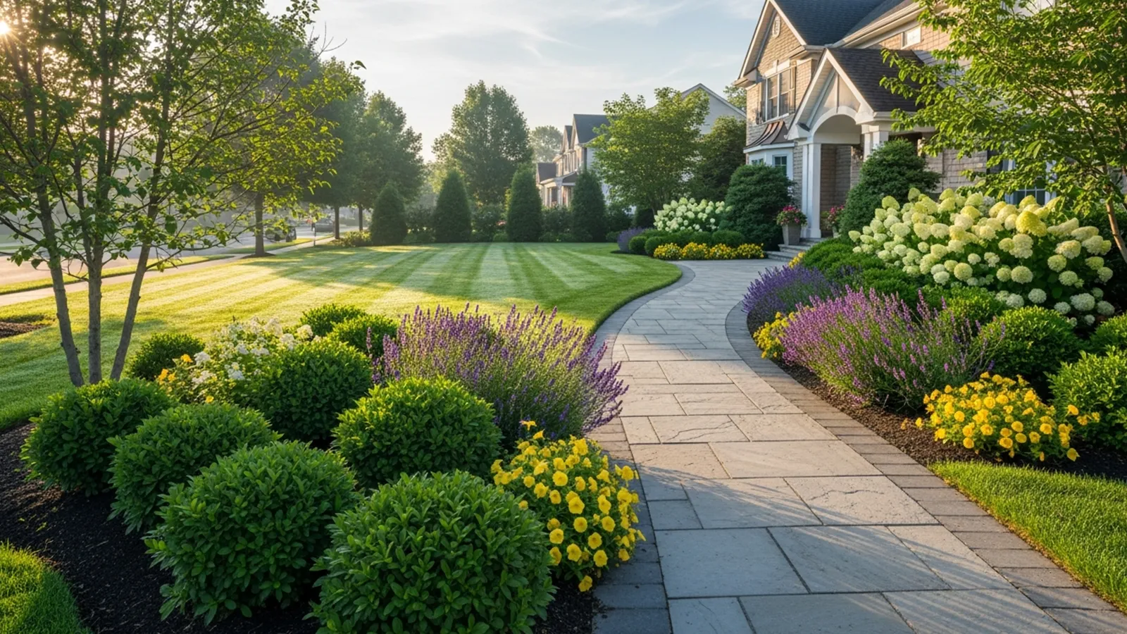 A welcoming front yard walkway that guides visitors toward the entrance with balanced landscaping and warm materials.