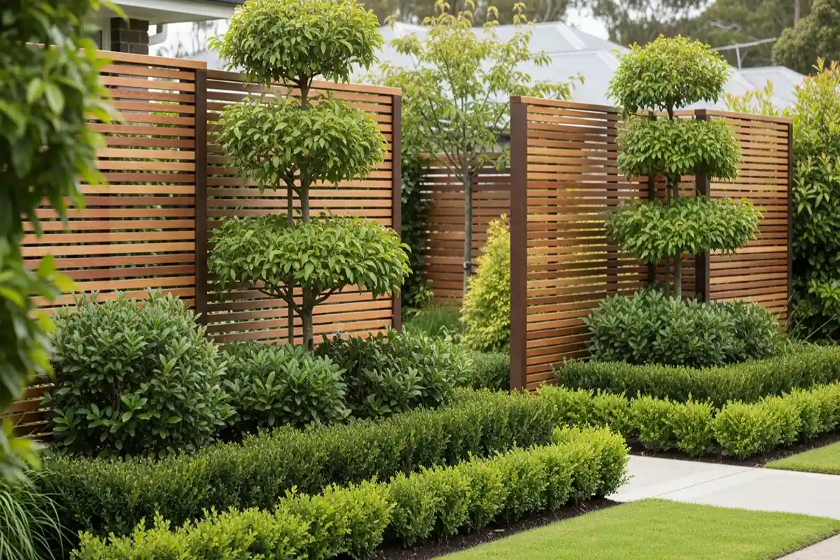 A suburban yard combining decorative wood privacy screens with layered shrubs for balanced screening.