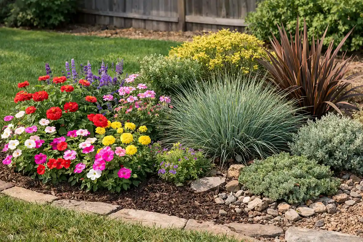 A small garden bed with mixed plant types requiring different watering and pruning schedules.