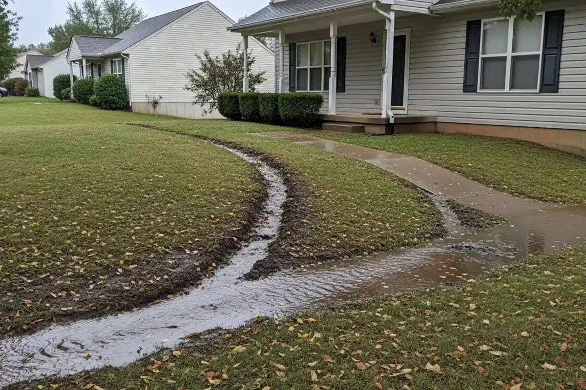A sloped front yard with improper grading causing water to pool near the house foundation and porch.