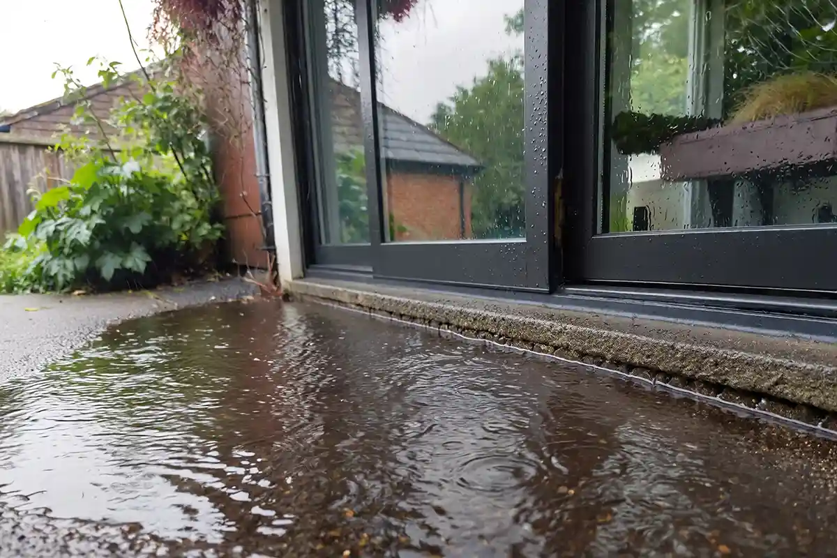 Standing water collecting at a sliding glass patio door threshold during rainfall.