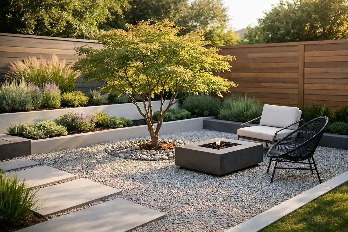 A minimalist small garden that appears simple but contains layered materials and tight spatial planning.