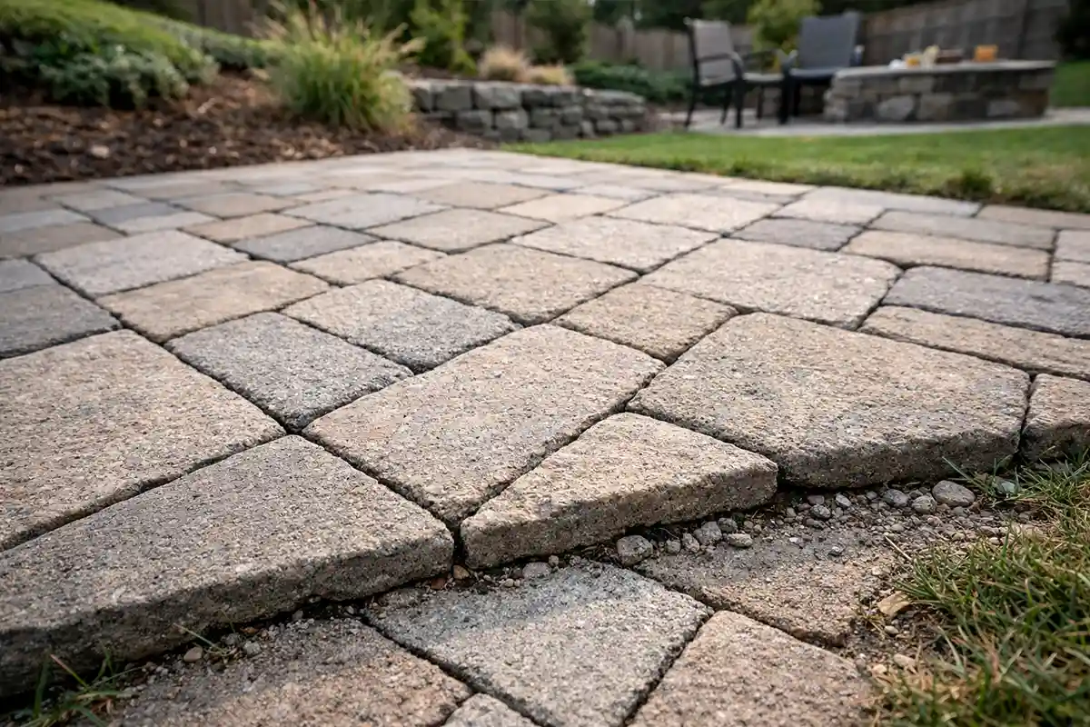 Close-up of patio pavers at the lower edge of a sloped yard showing slight separation and settling.