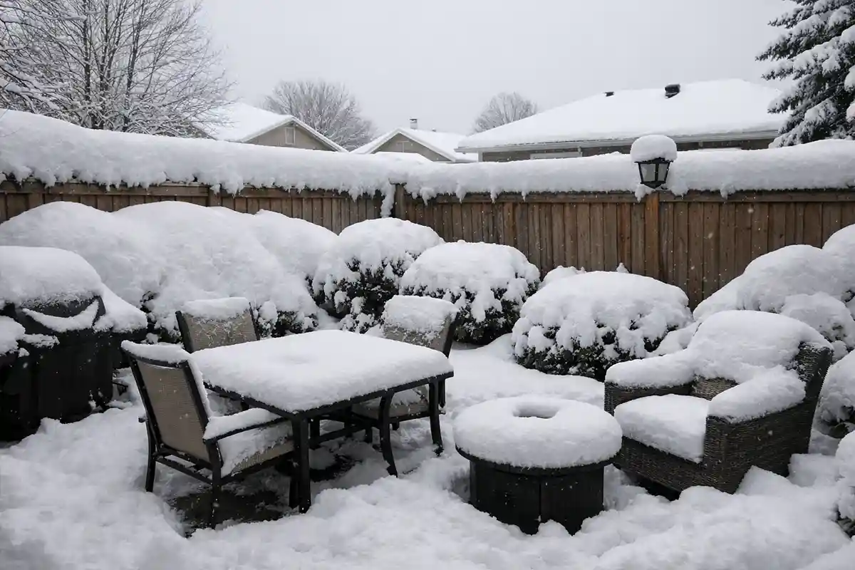 Small backyard patio with heavy snow piled against fence and shrubs bending under snow weight.