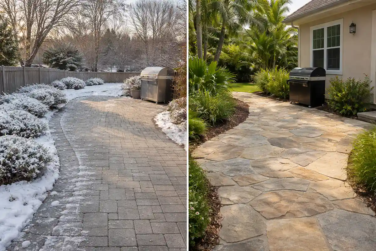 Comparison of concrete pavers and natural stone patio surfaces in different U.S. climate conditions.