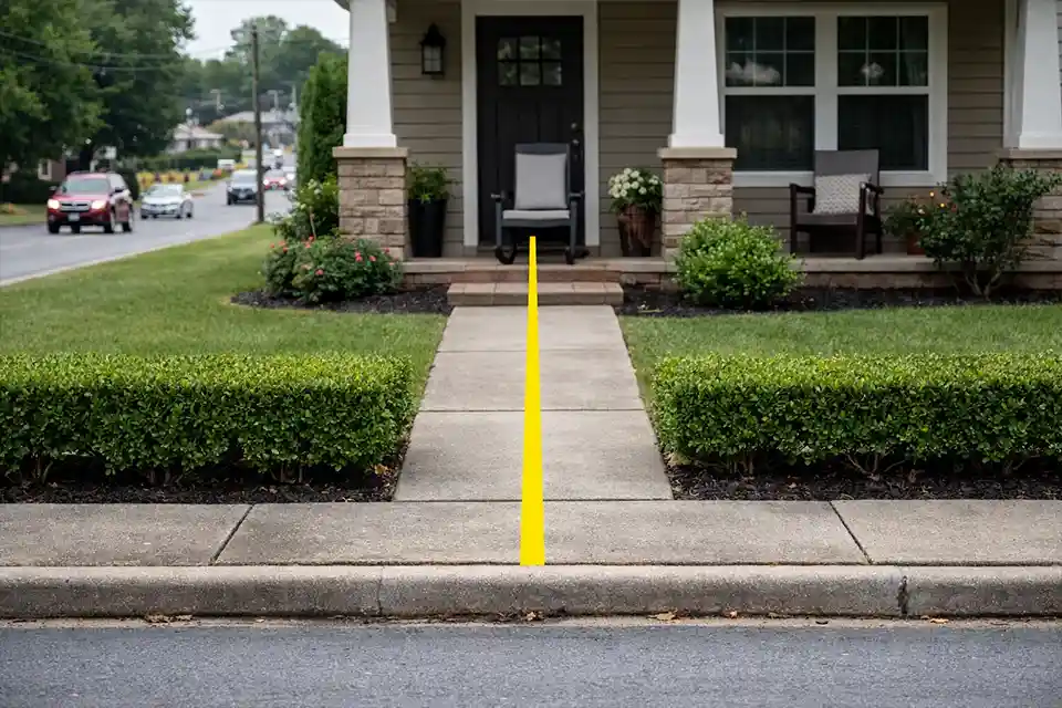 Front yard with overlay showing a straight visual path from the curb and walkway to porch seating