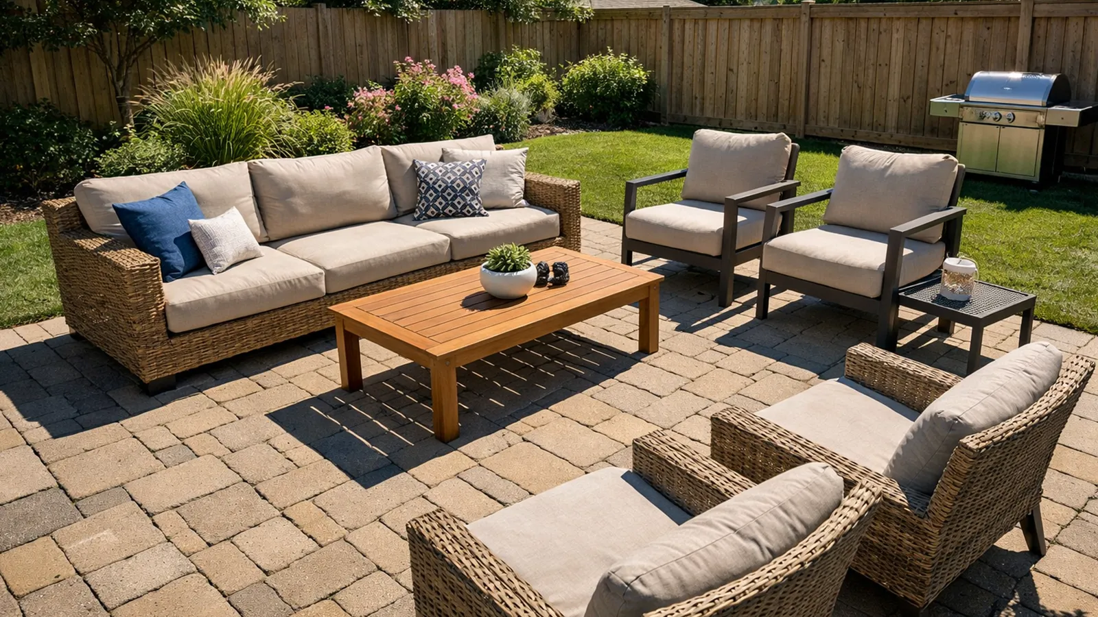 A patio fully exposed to direct sunlight, making the seating area uncomfortable during peak daytime hours.