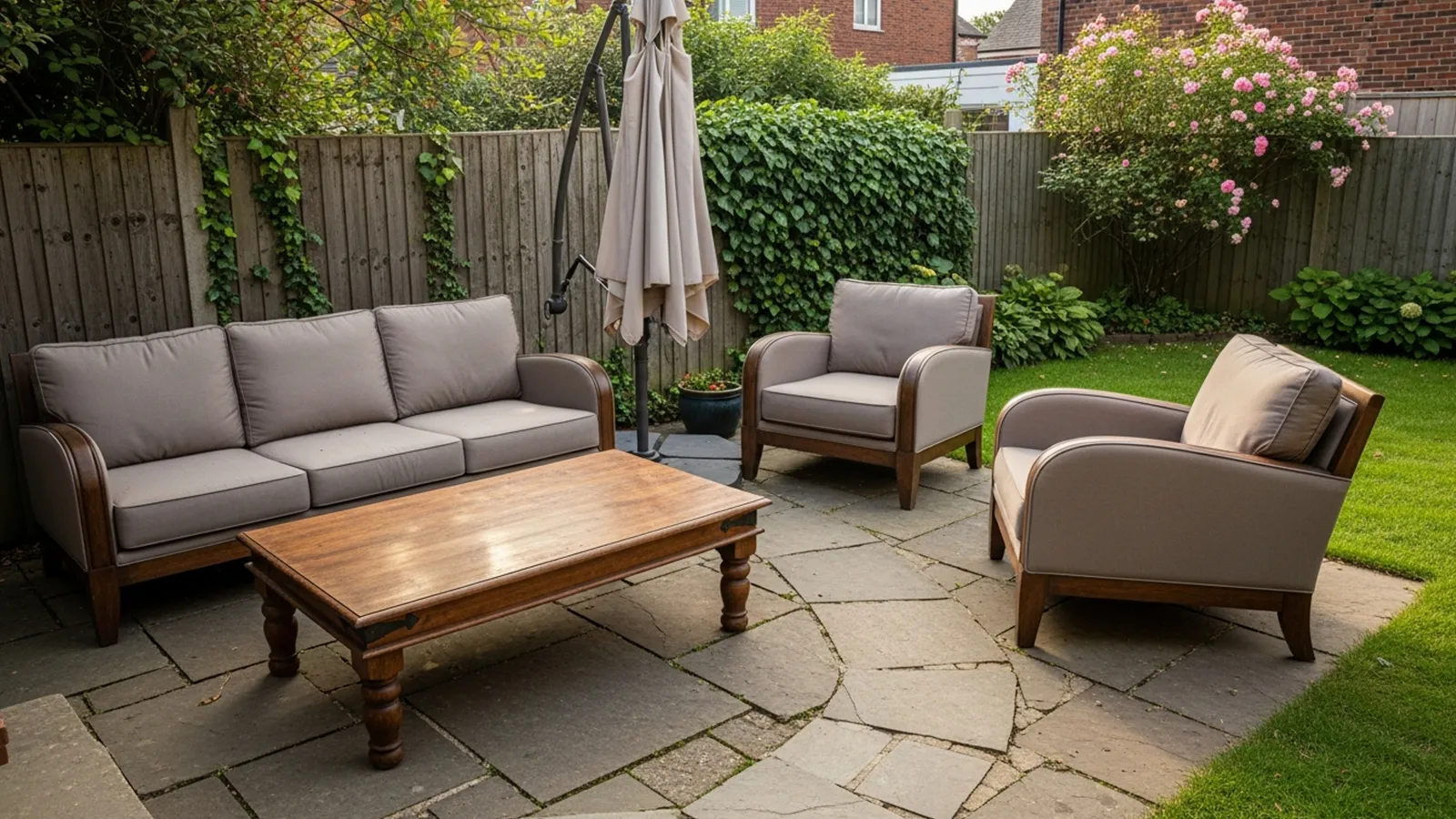 A compact patio overwhelmed by oversized furniture, leaving little usable space for walking or relaxing.