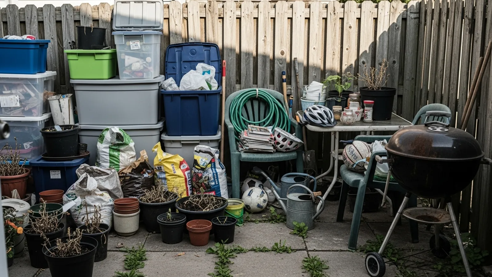 A compact patio cluttered with storage bins, gardening tools, and miscellaneous items that reduce usable seating space.