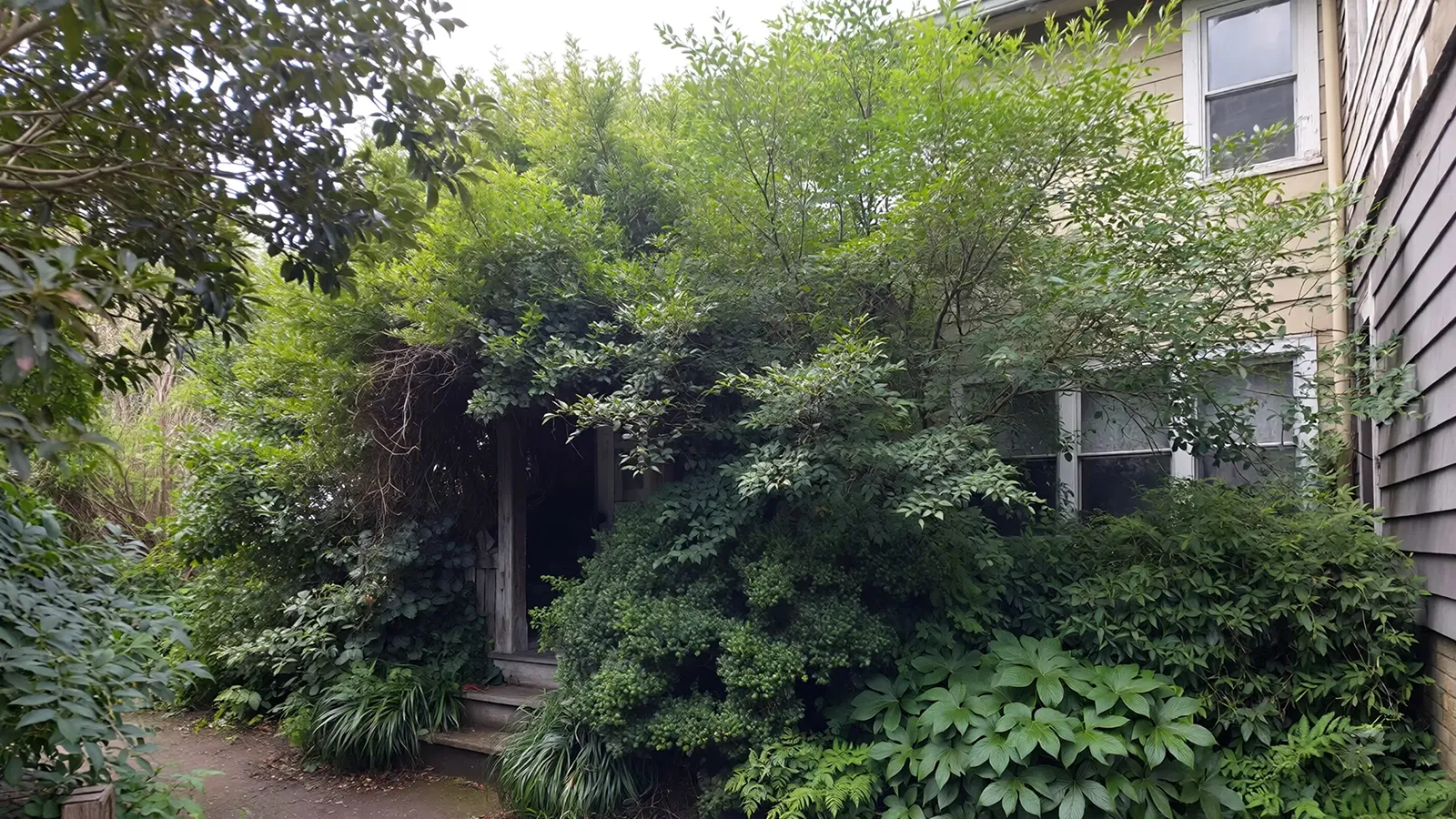 Large overgrown foundation shrubs blocking front windows and reducing light in a narrow front yard.