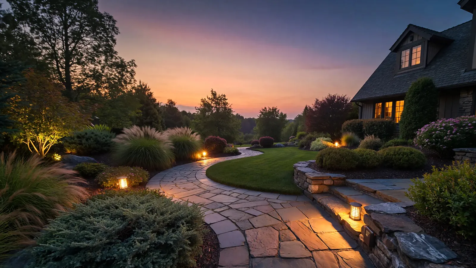 Soft pathway lighting illuminating a front yard walkway to create a safe and welcoming evening entrance.