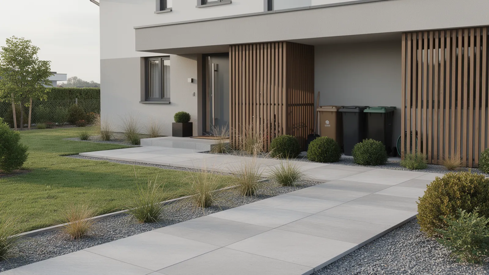 A clean front yard with discreet storage solutions that hide functional items without adding visual clutter.