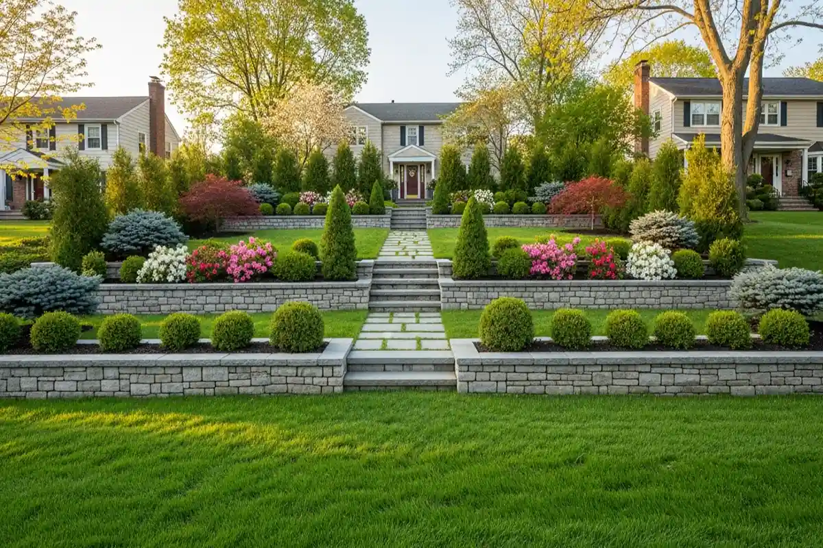 A suburban yard with a sloped lawn and tiered planting that changes how privacy works across elevation levels.