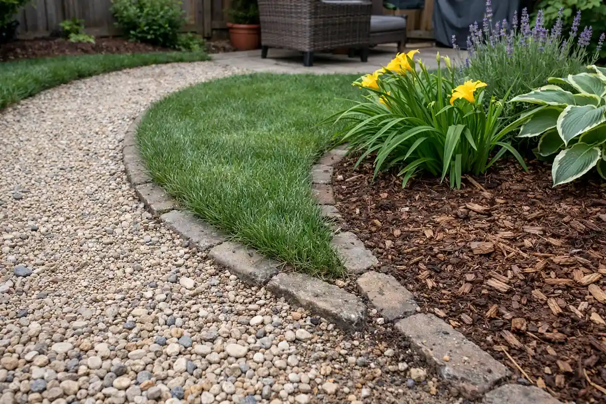 A small backyard where gravel, lawn, and planting beds meet, showing edge stress and material interaction.