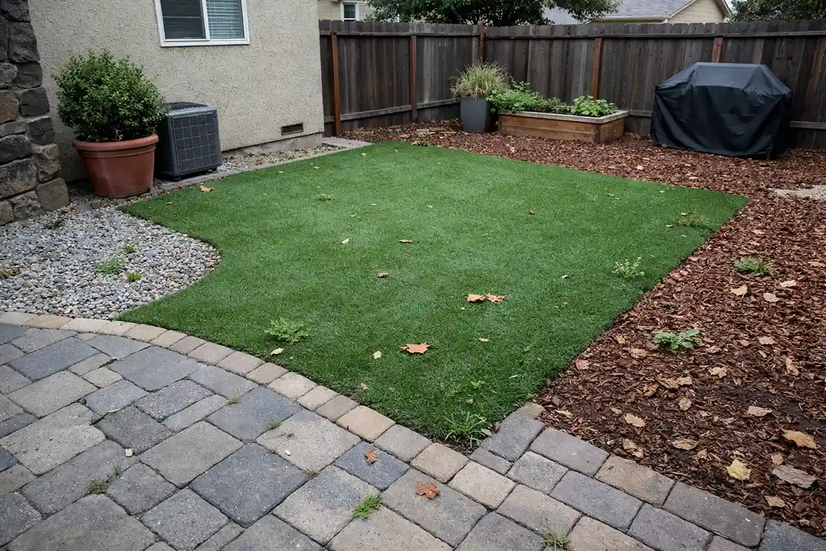 A compact backyard using artificial turf and gravel that still shows weed growth and debris accumulation.