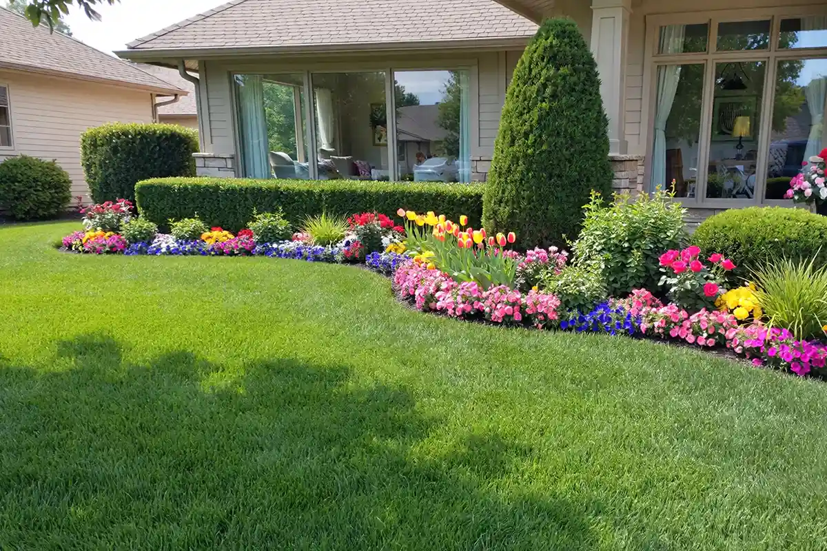 A manicured suburban front yard emphasizes curb appeal but leaves clear sightlines into the home.