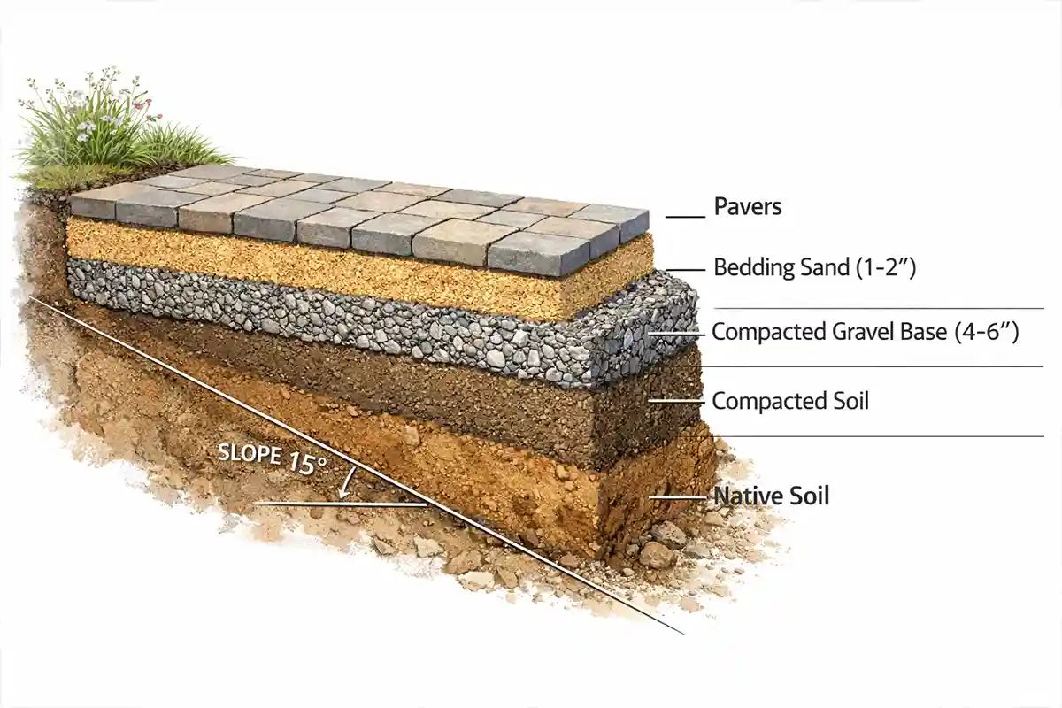 Cross-section diagram of a patio base on sloped ground showing layered gravel and soil compaction zones.