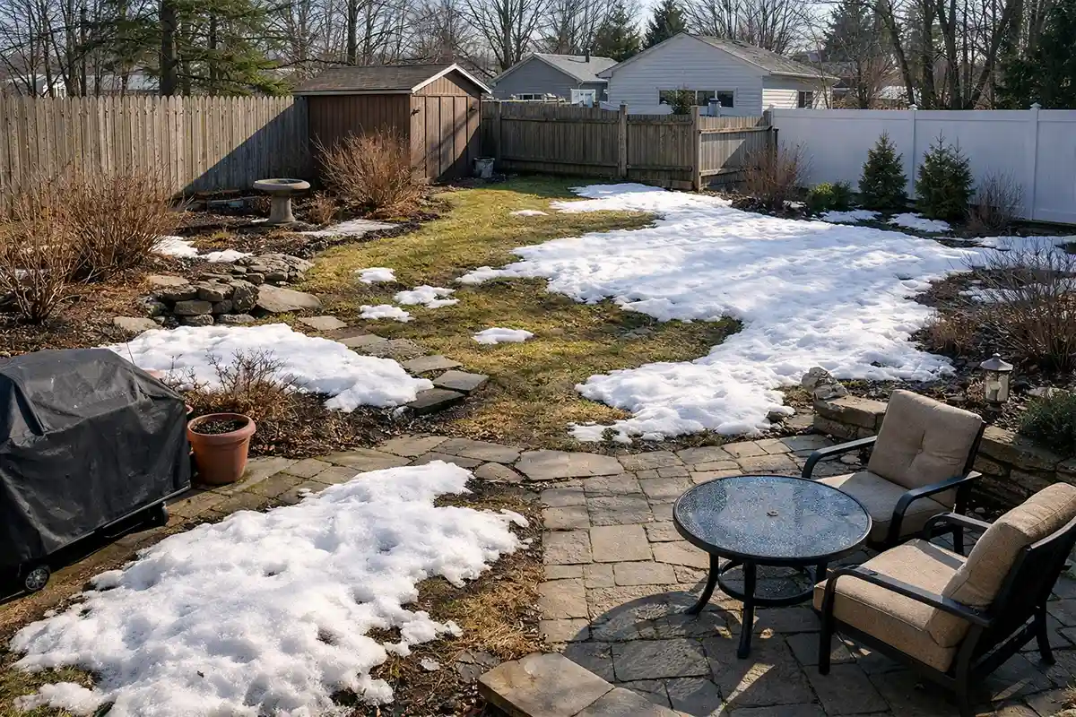 Small backyard showing uneven snow melt patterns with shaded and sunlit sections creating microclimates.