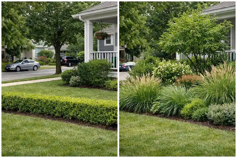 Comparison of a front yard with low shrubs that leave porch views open and a layered planting design that filters street views